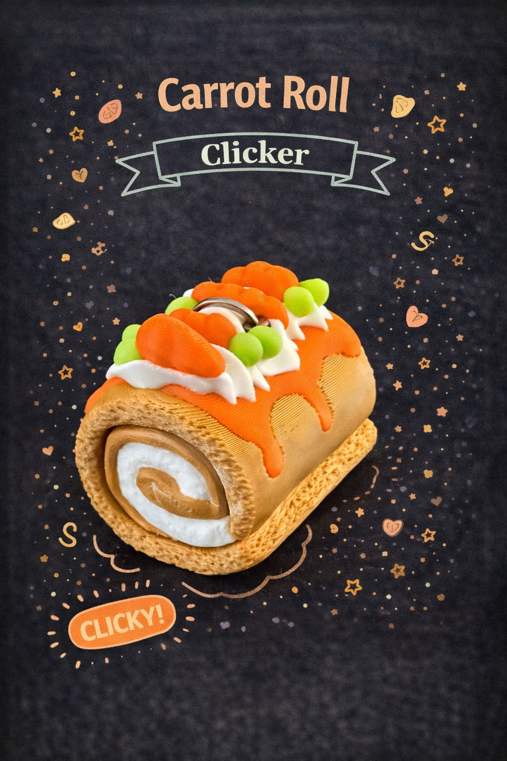 Carrot roll with decorative elements on a dark background