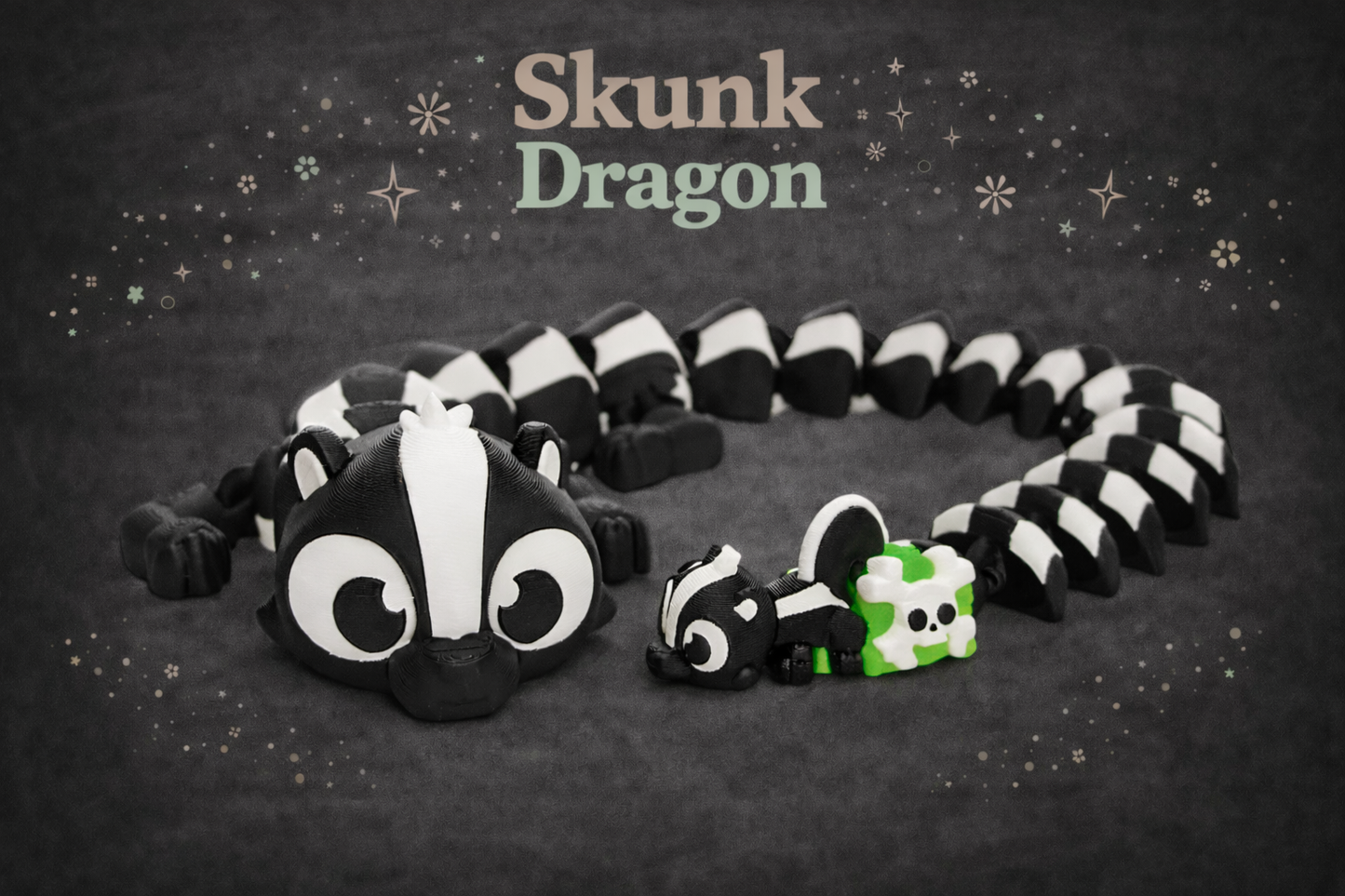 Articulated toy skunk dragon on a chalk background with decorative elements.