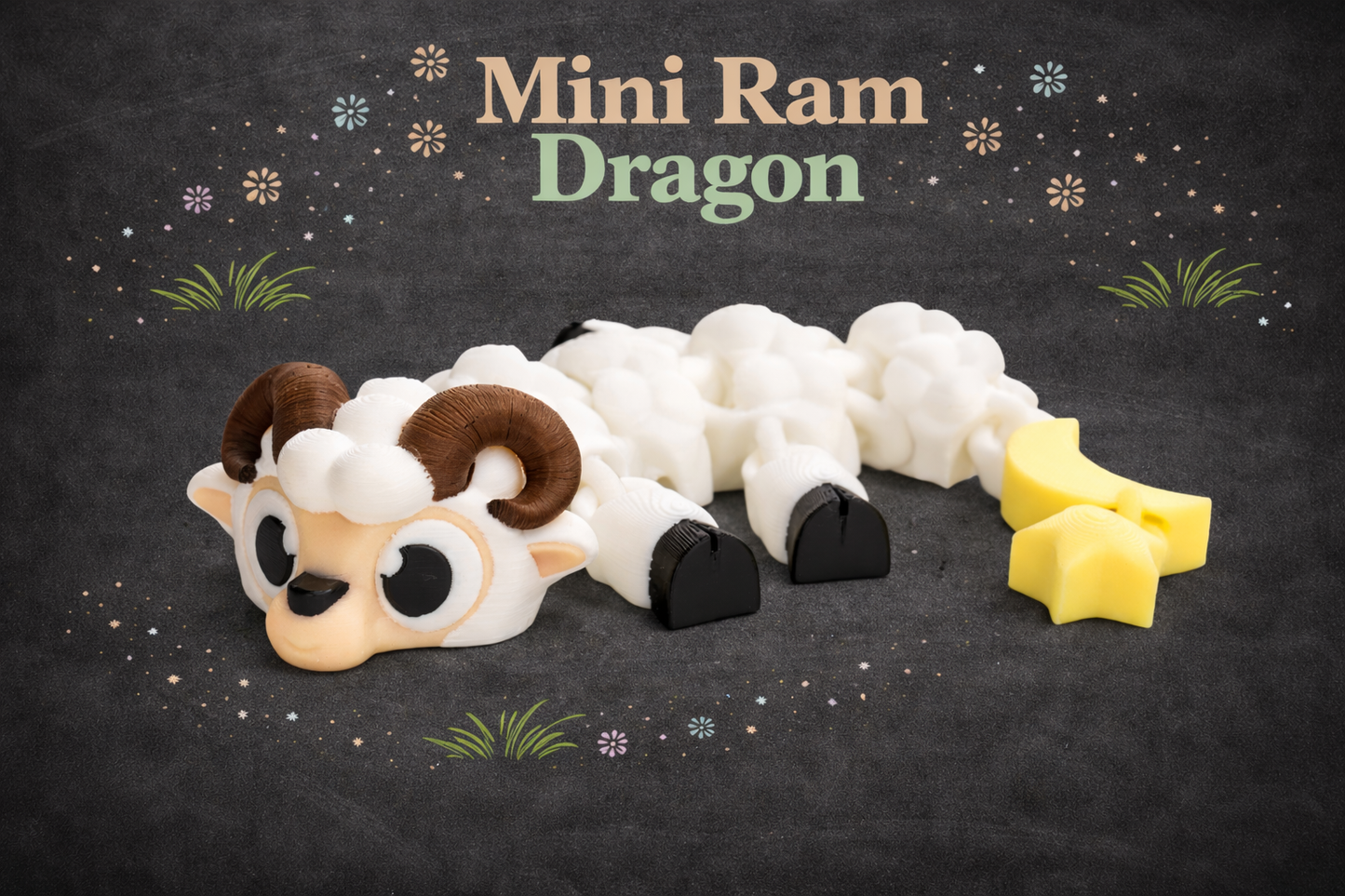 Mini Ram Dragon toy on a dark background with decorative elements