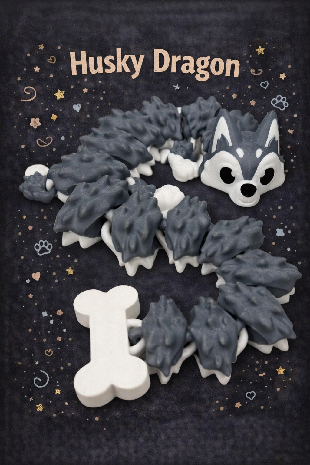 Husky dragon toy with a bone-shaped chew on a dark background