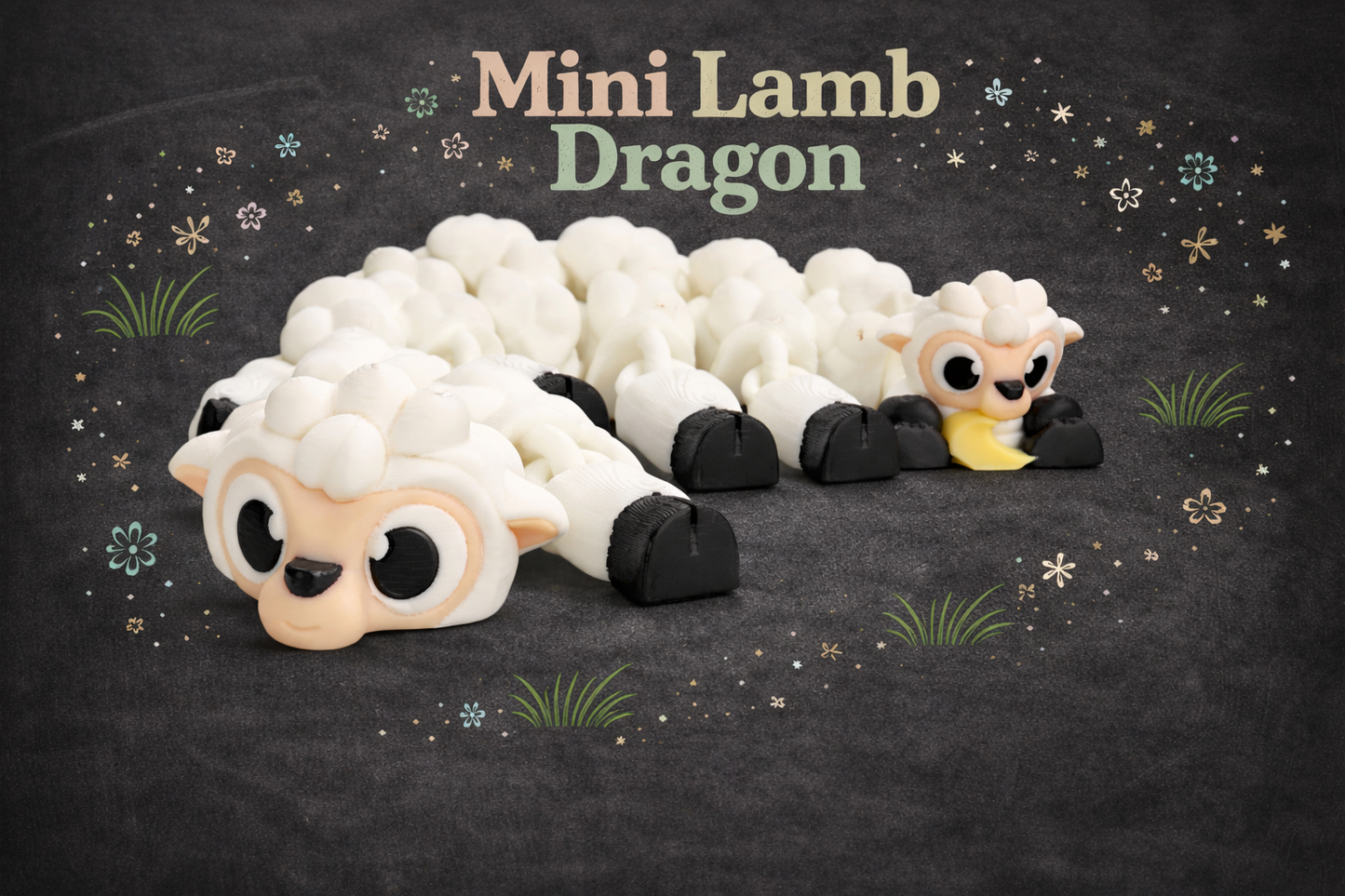 Mini Lamb Dragon toy on a dark background with decorative elements