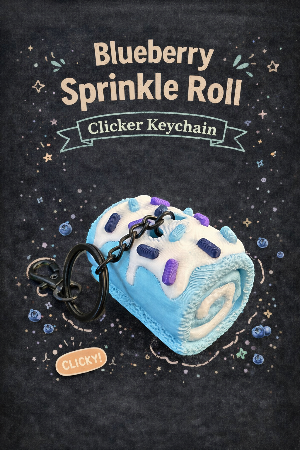 Blueberry sprinkle roll clicker keychain on a dark background with decorative text and graphics.