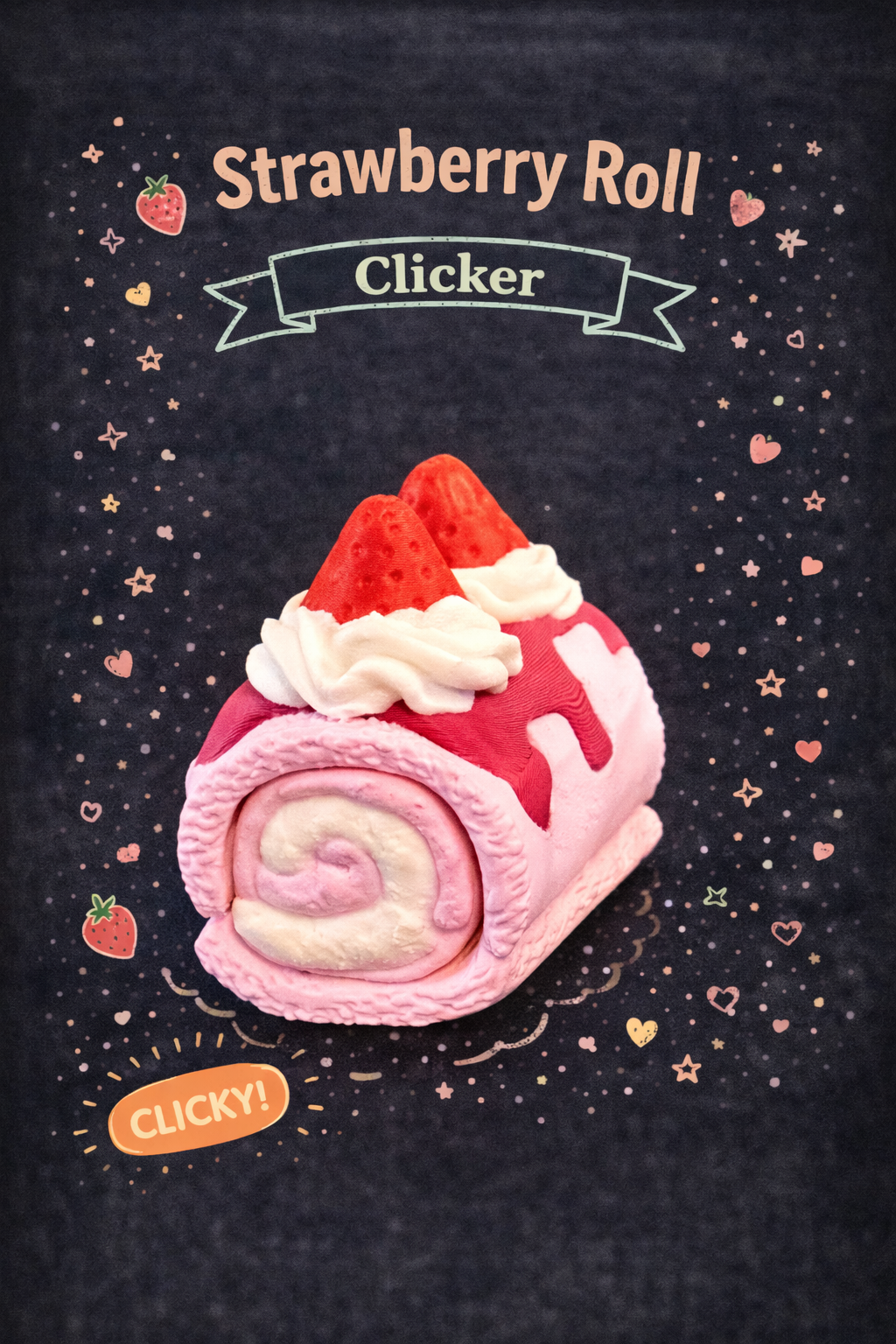 Illustration of a strawberry roll with cream on a dark background, featuring the text 'Strawberry Roll Clicker' and 'CLICK!'.