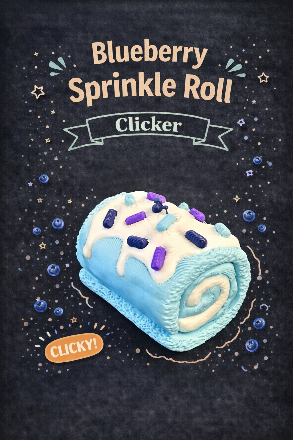 Blueberry sprinkle roll with decorative text on a dark background