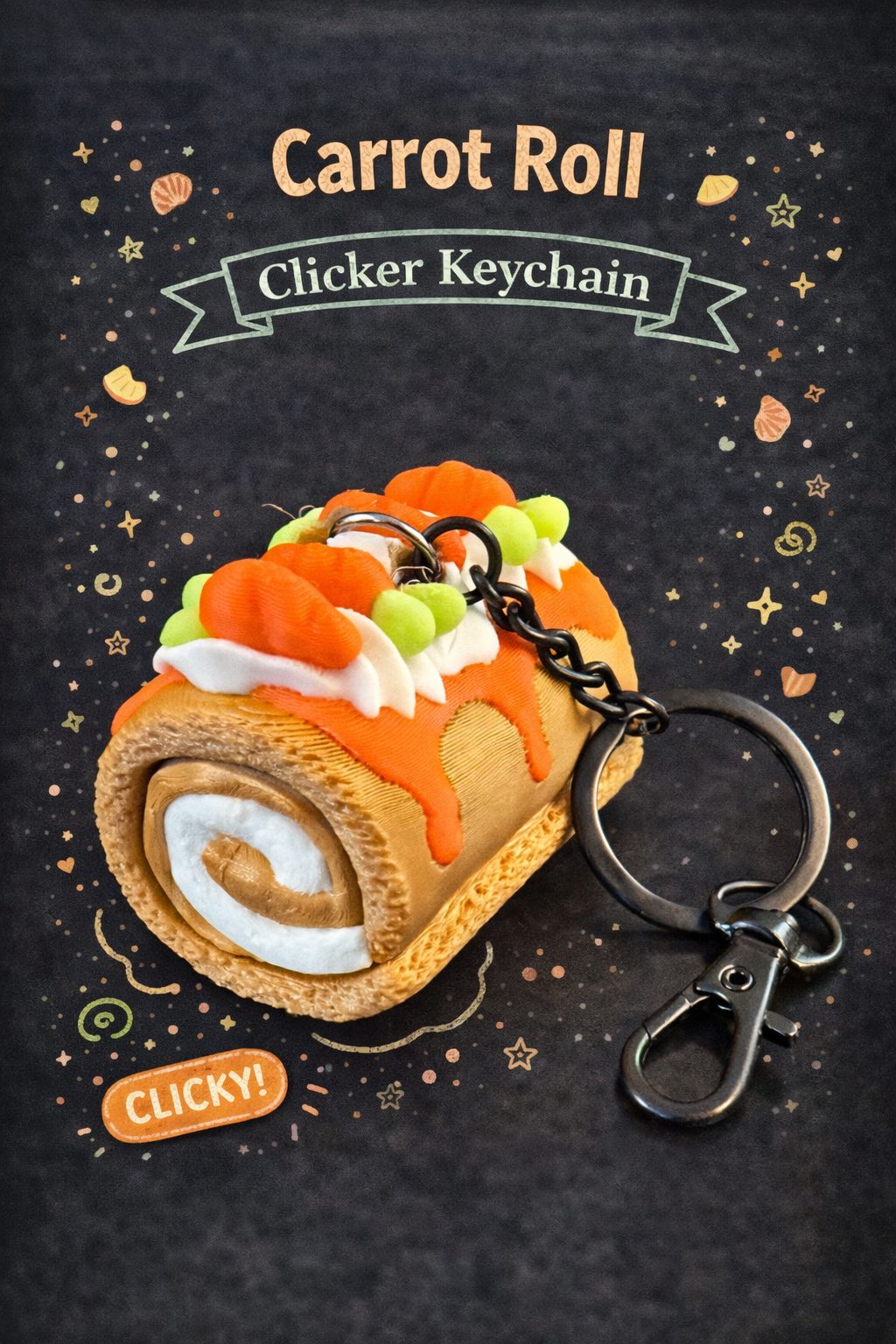 Carrot roll clicker keychain on a dark background with decorative elements