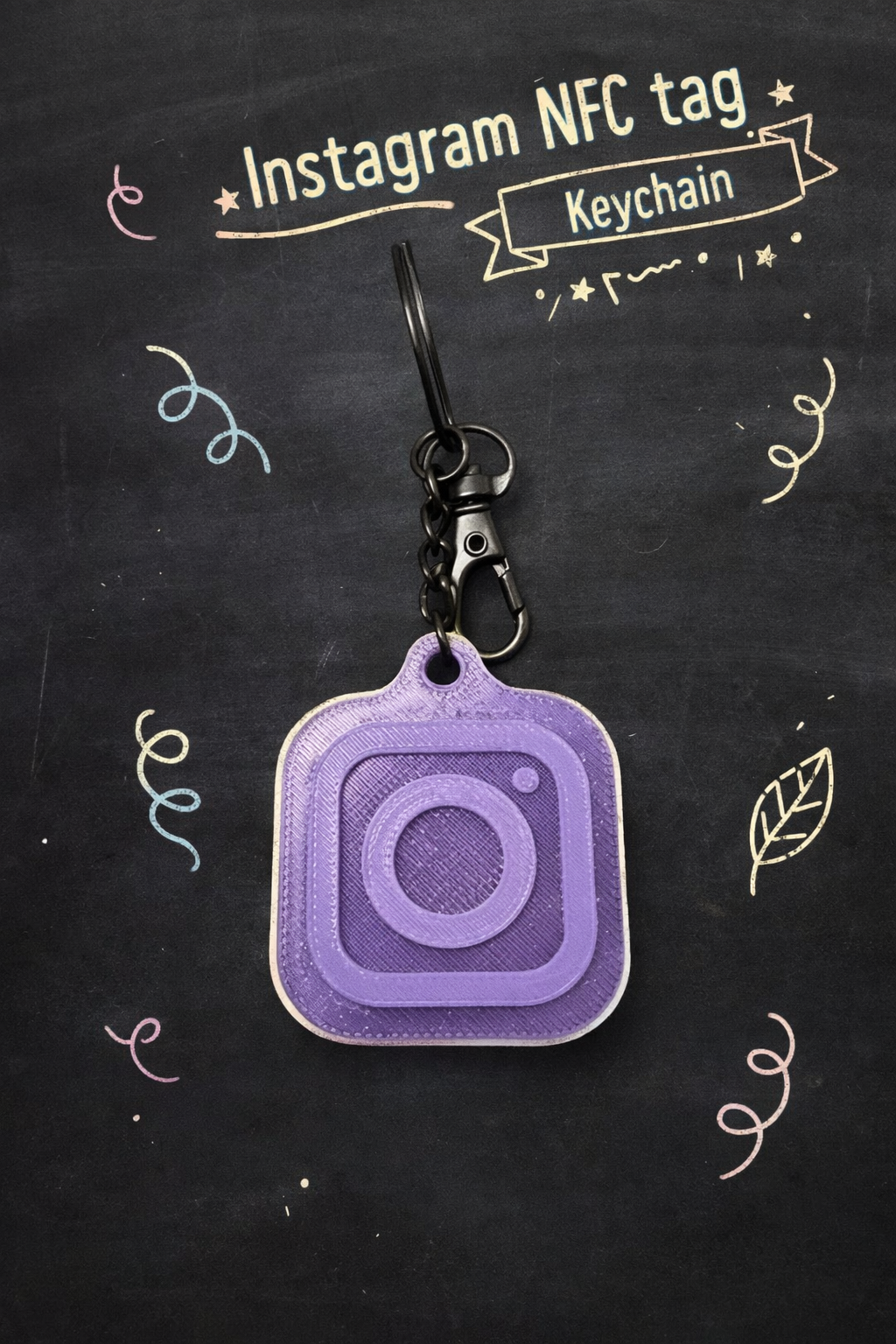 Purple Instagram NFC tag keychain on a black background with decorative elements.