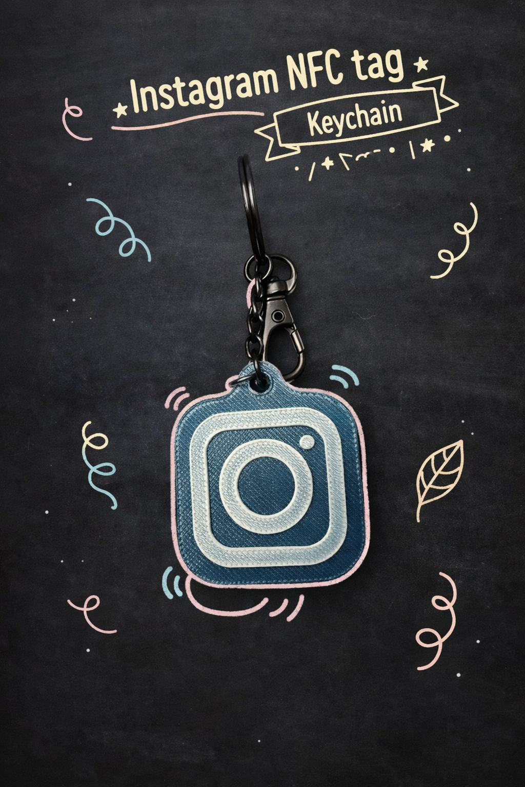 Instagram NFC tag keychain on a dark background with decorative elements