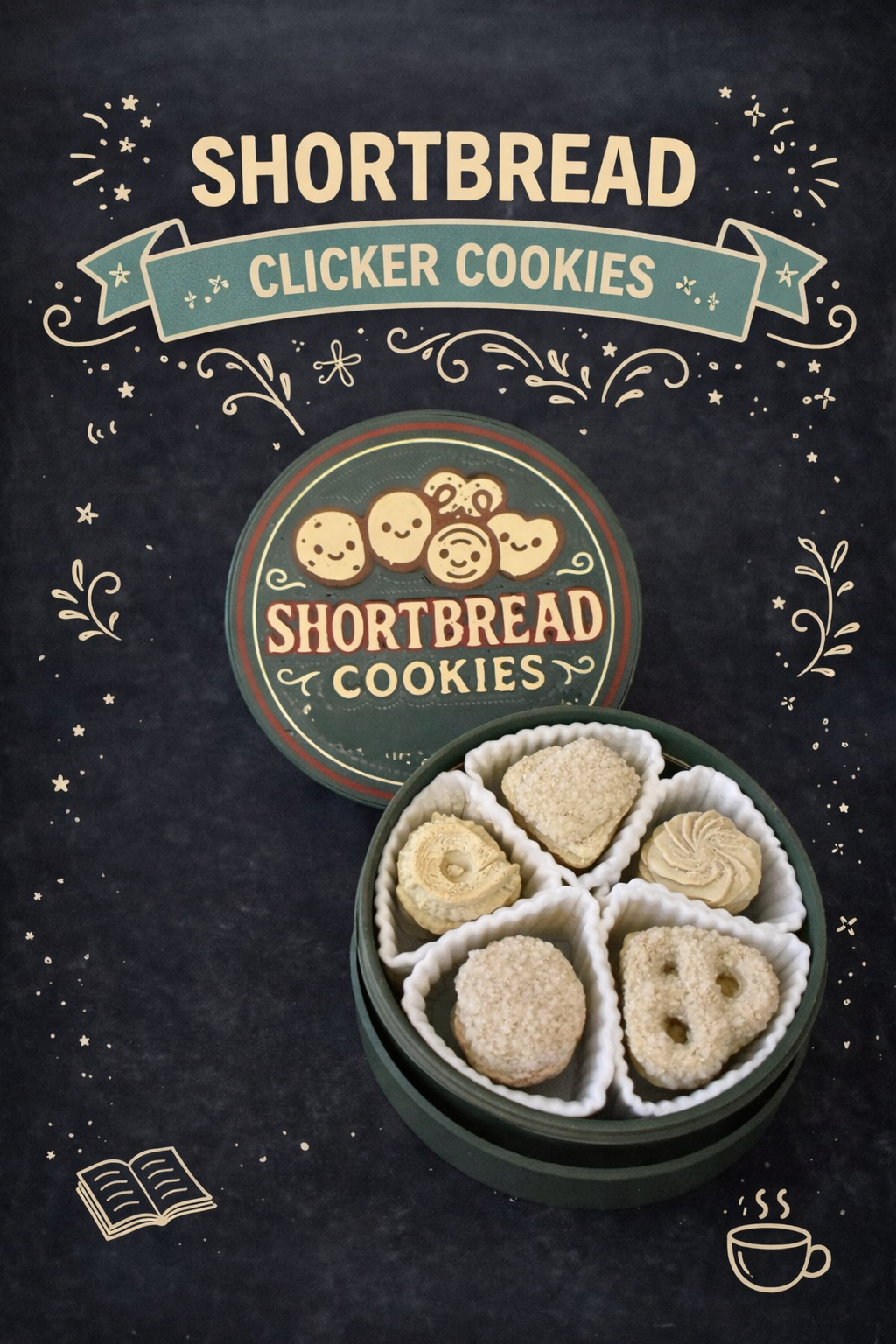 Shortbread clicker cookies packaging with a dark background