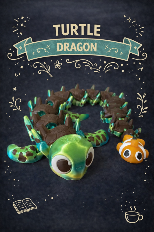 Toy turtle dragon with a small fish on a dark background with decorative elements.