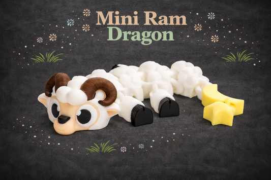 Mini Ram Dragon toy on a dark background with decorative elements