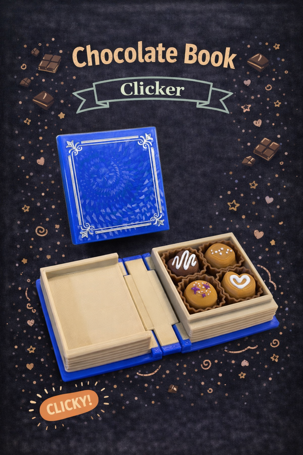 Blue chocolate book with open pages revealing chocolate truffles on a dark background