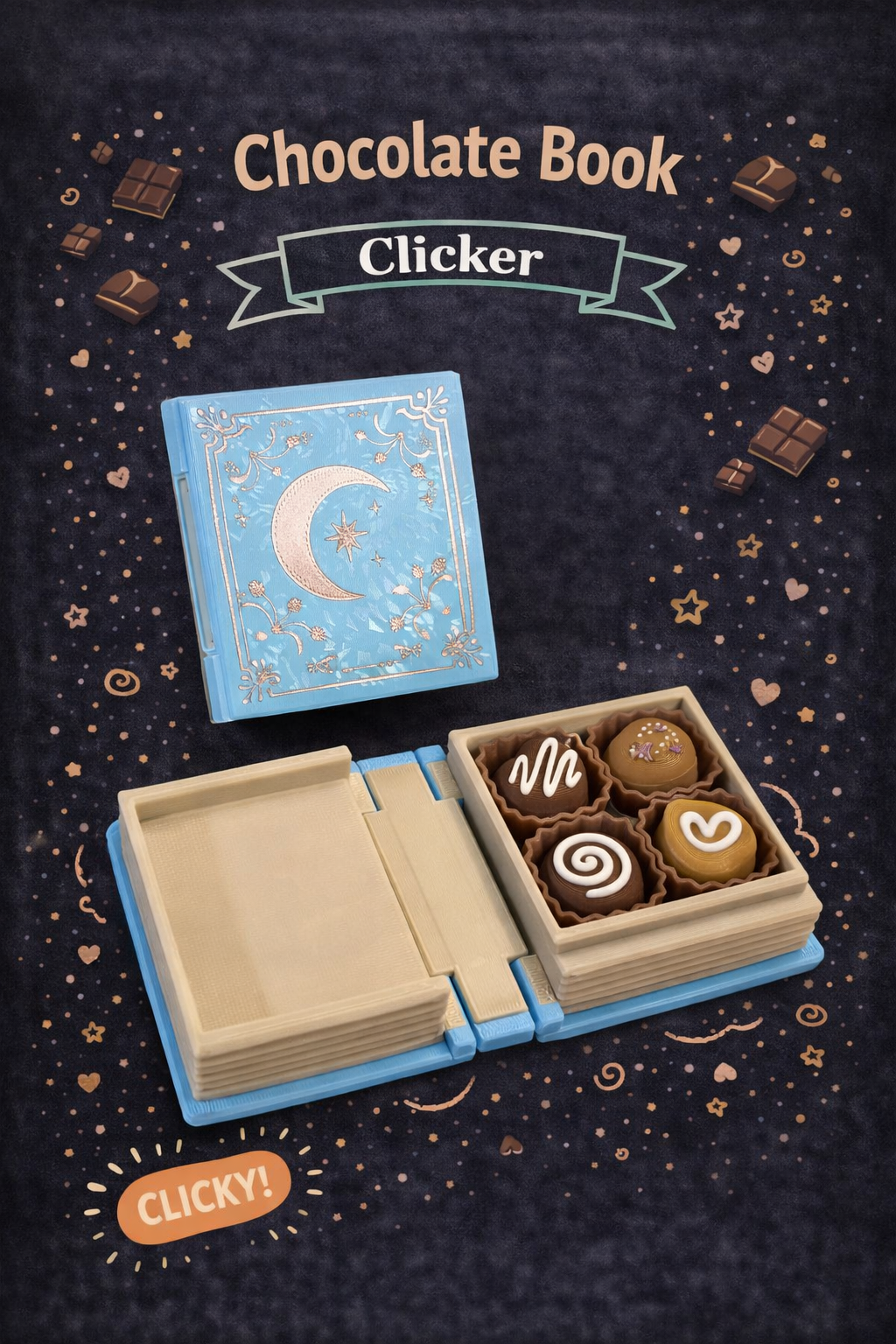 Chocolate book with open cover displaying chocolates on a dark background