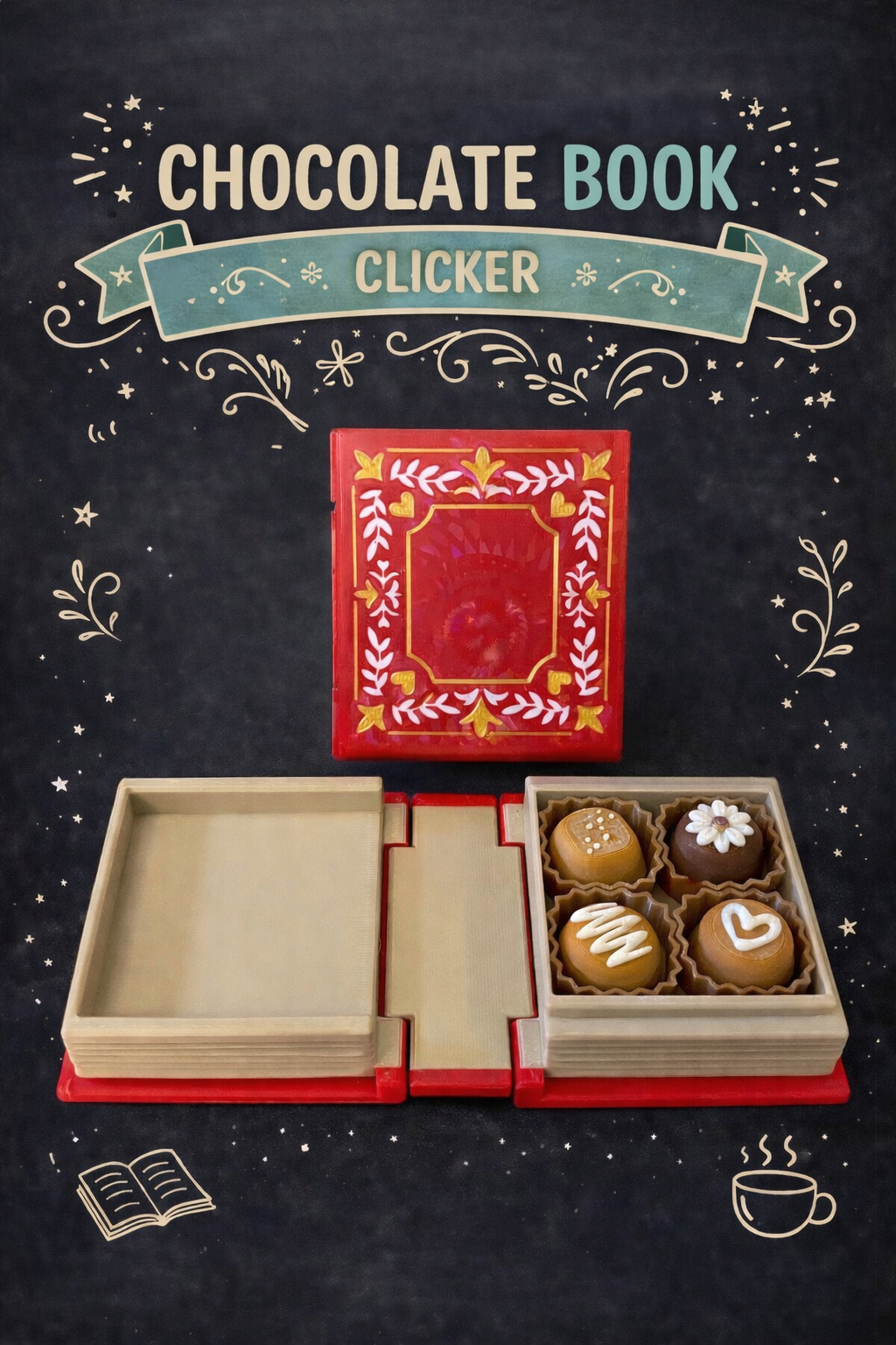 Chocolate book clicker with open pages revealing chocolate treats on a dark background