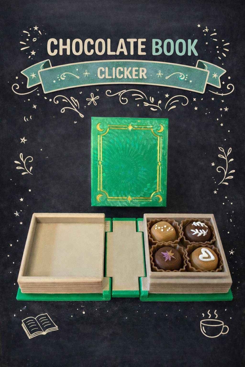 Chocolate book clicker with green cover and chocolate pieces on a dark background