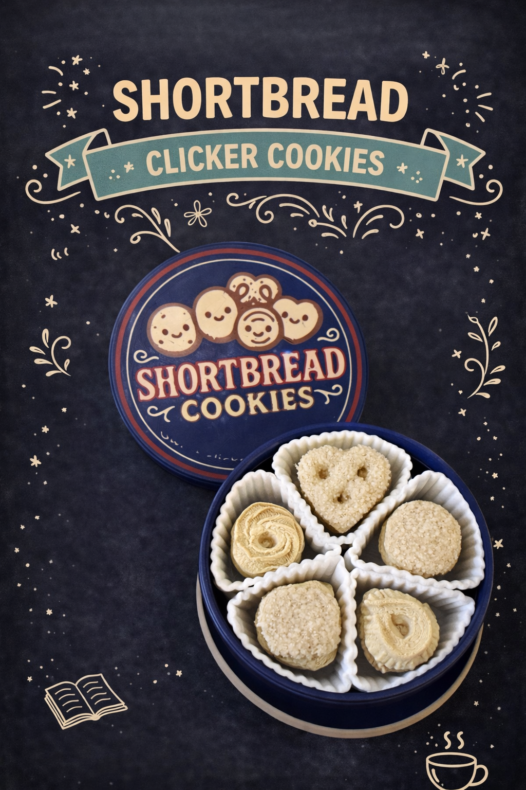 Shortbread clicker cookies in a box with decorative text and graphics on a dark background