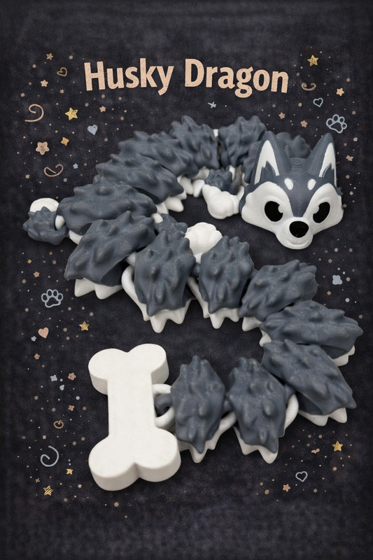 Husky dragon toy with a bone-shaped chew on a dark background