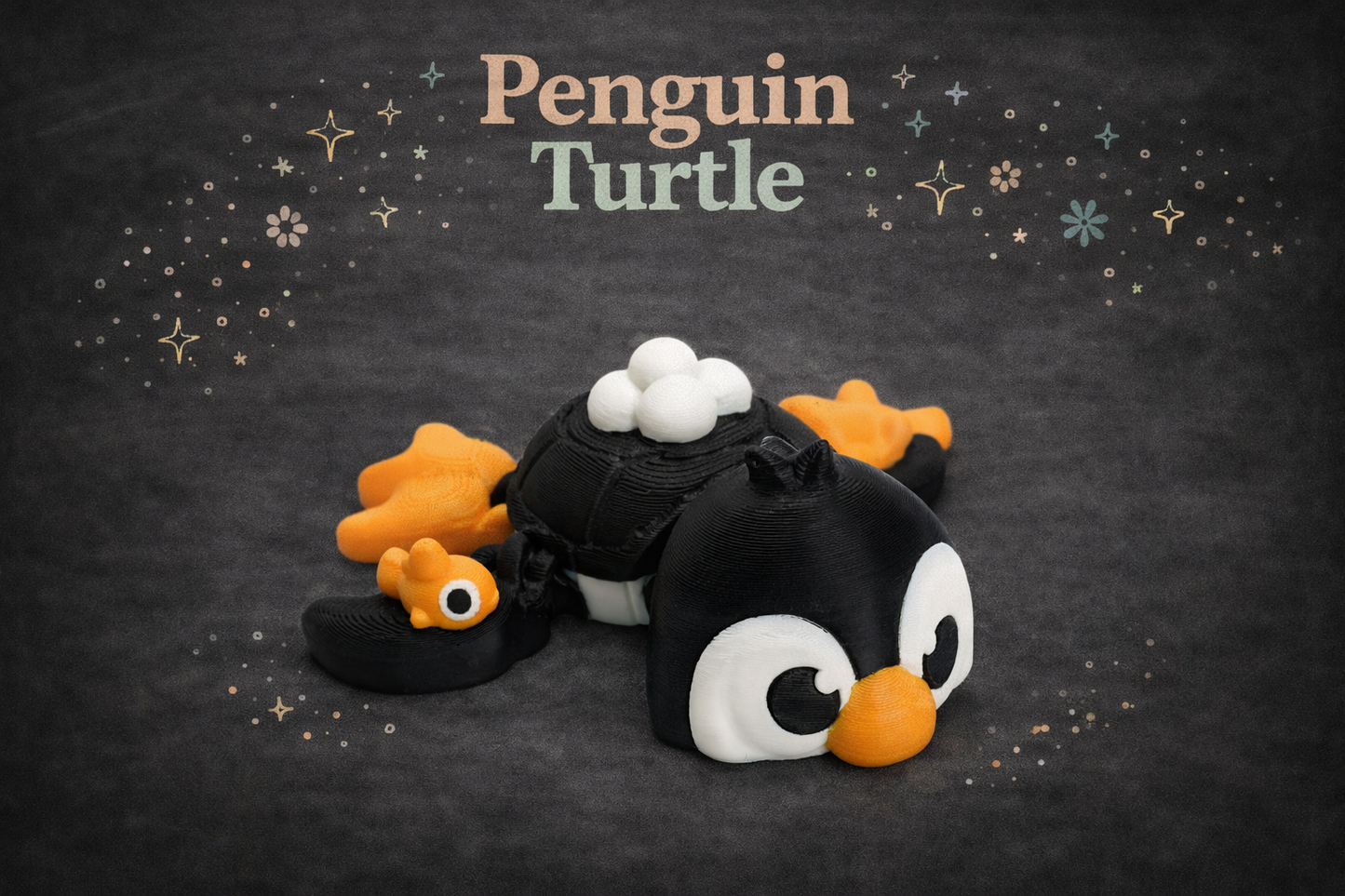 Toy penguin turtle on a dark background with decorative elements
