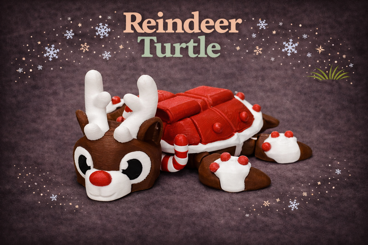 Toy turtle dressed as a reindeer with 'Reindeer Turtle' text on a dark background with snowflakes.