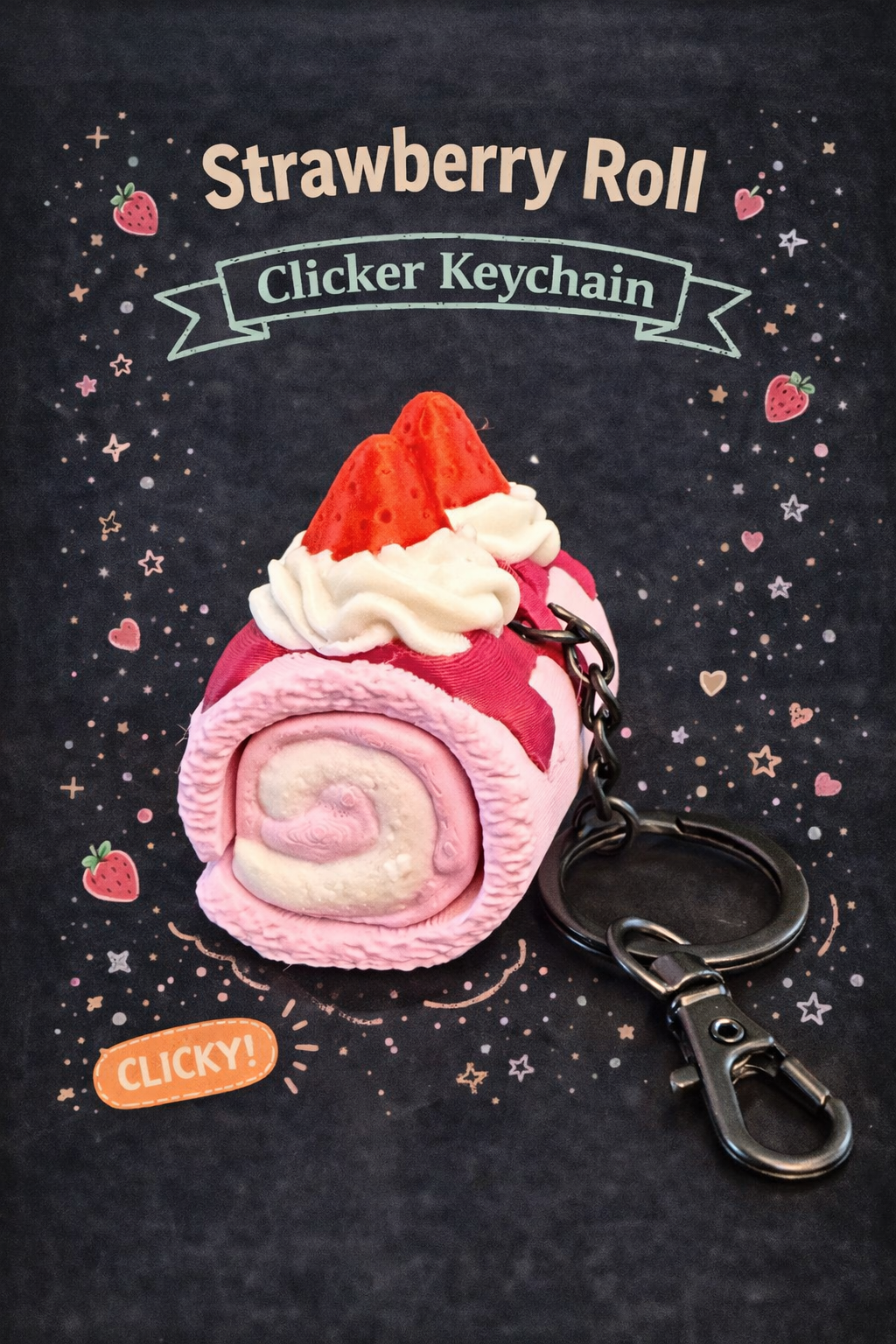 Strawberry roll keychain with a black background